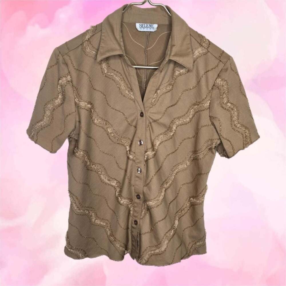 Selene Sport Vintage 90s Button Up Gold Textured Blouse